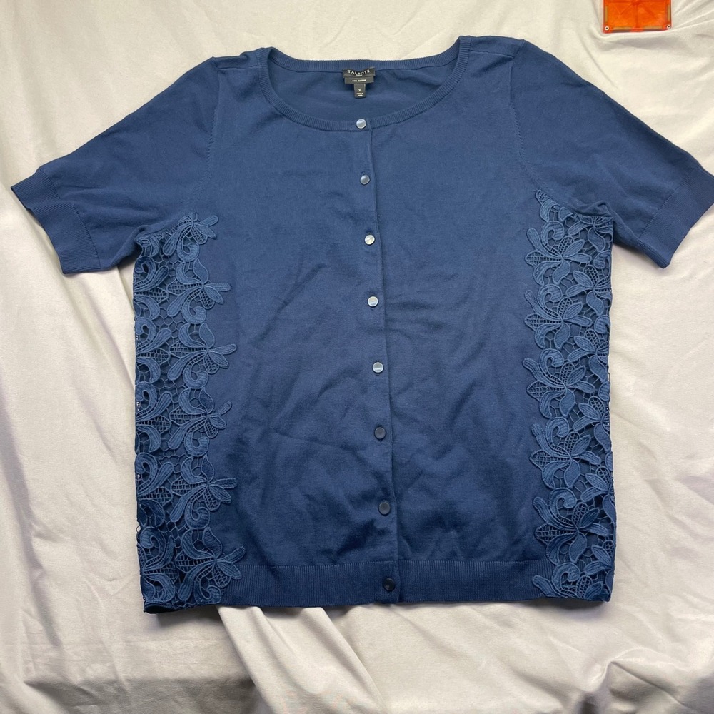 Talbots Woman Navy Blue Pima Cotton Lace Side Panel Short Sleeve Cardigan X